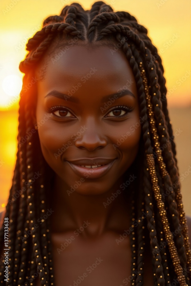 A person with long, braided hair adorned with small golden beads, set against a warm, glowing sunset. The hairstyle is intricate, and the ambient light enhances the serene atmosphere A person with long, braided hair adorned with small golden beads, set against a warm, glowing sunset. The hairstyle is intricate, and the ambient light enhances the serene atmosphere