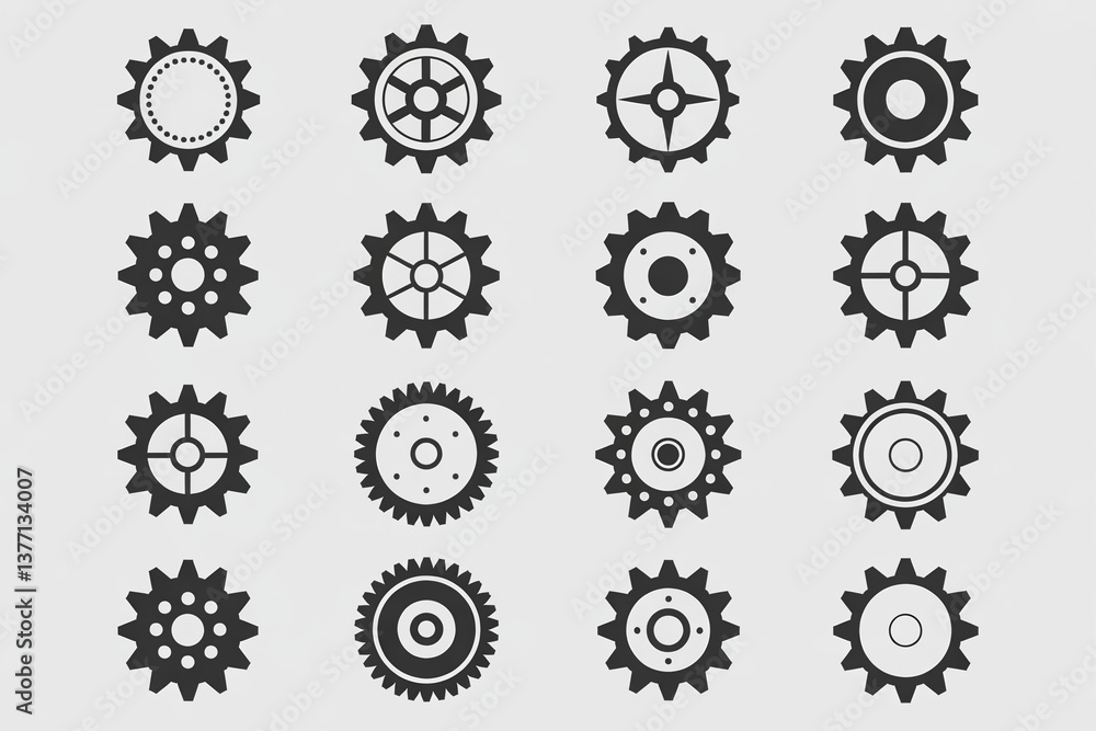 Vector set of sixteen diverse gear icons, each unique in design, arranged in a grid layout on a white background. Vector set of sixteen diverse gear icons, each unique in design, arranged in a grid layout on a white background.
