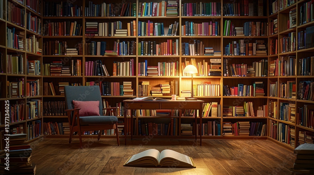 Cozy library interior with open book Cozy library interior with open book
