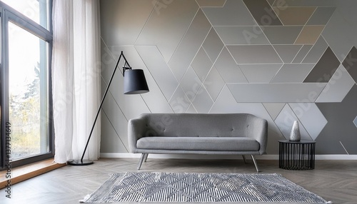 Empty Silver Metallic Accents Wall Mockup in Modern Contemporary Interior with Abstract Metal Floor Lamp and a Geometric Rug. Natural Daylight From a Window. Promotion Background.