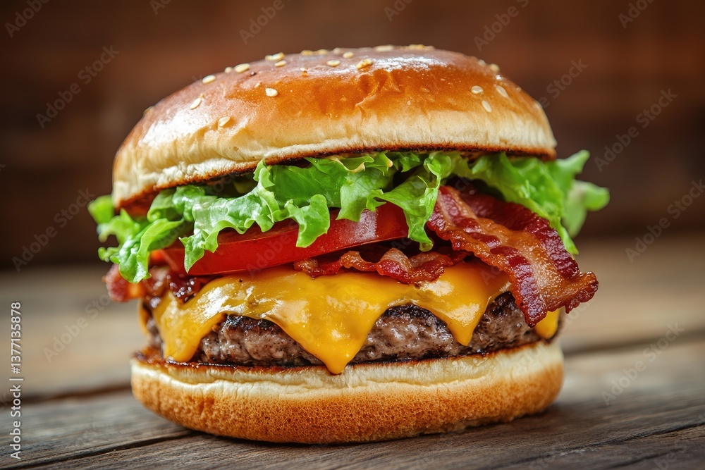 Classic bacon cheeseburger on a wooden table Classic bacon cheeseburger on a wooden table