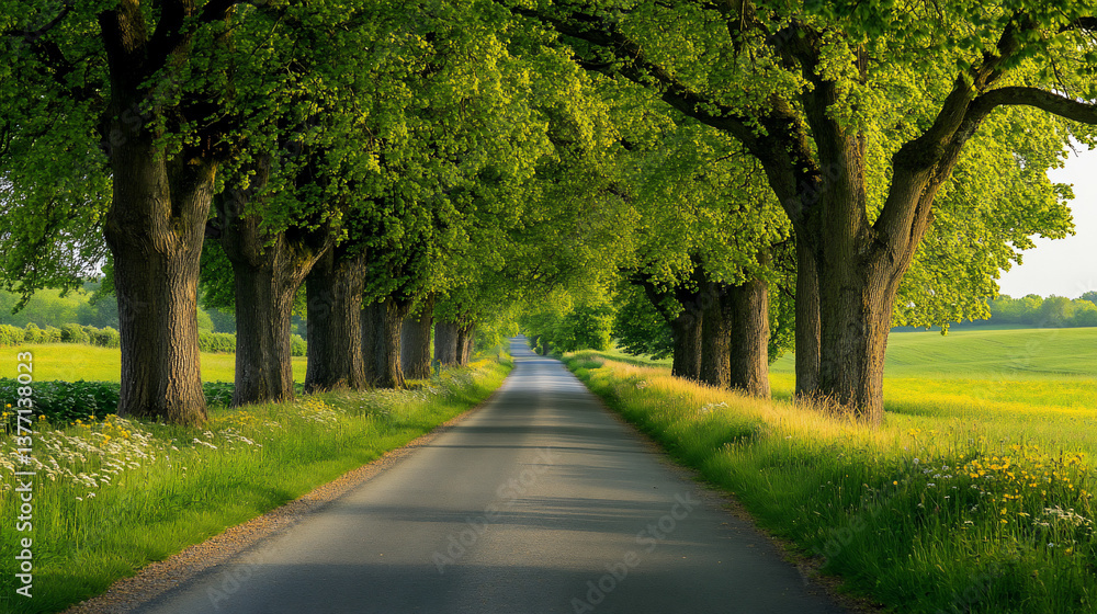 Naklejka premium Scenic country road lined with lush green trees.