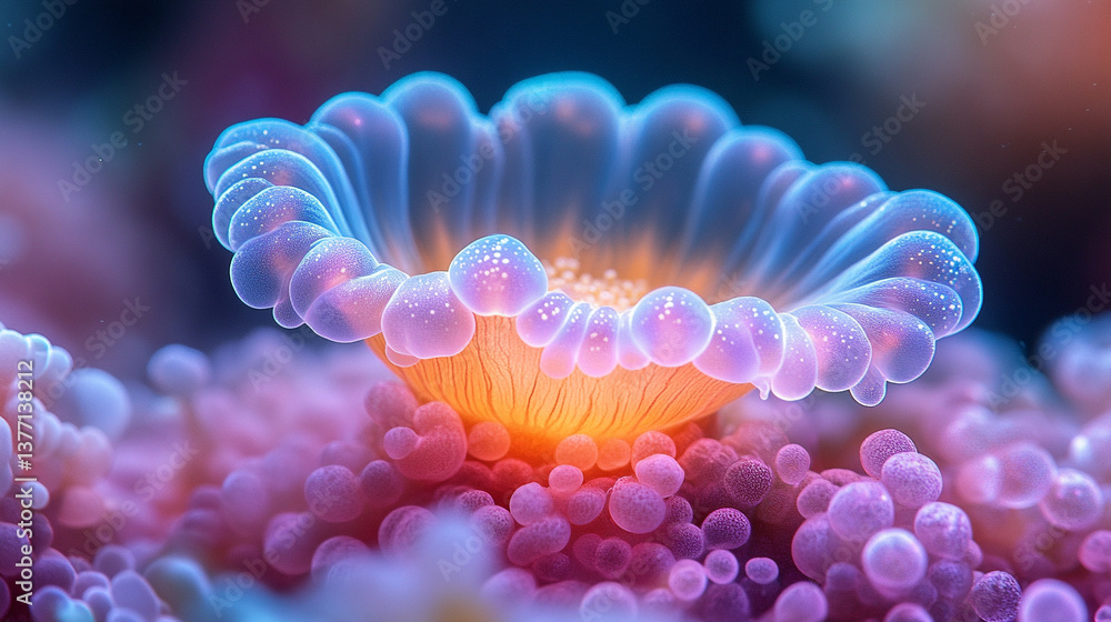 A close-up of a delicate, translucent sea anemone with soft glowing tentacles, set against a vibrant, colorful gradient background, symbolizing grace, beauty, and the tranquility of ocean life A close-up of a delicate, translucent sea anemone with soft glowing tentacles, set against a vibrant, colorful gradient background, symbolizing grace, beauty, and the tranquility of ocean life