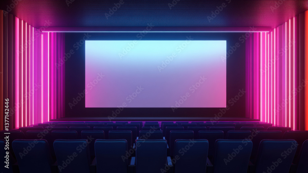 Obraz premium modern theater interior featuring large blank screen, illuminated by vibrant pink and blue lights, creating captivating atmosphere