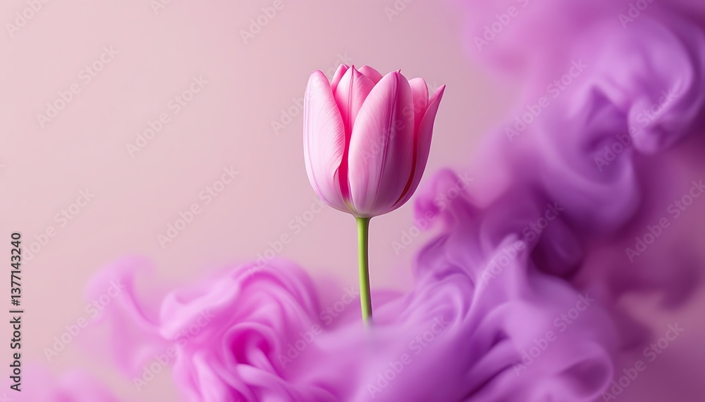 Fototapeta premium Elegant Pink Tulip Blossom with Swirling Lavender Smoke Decoration