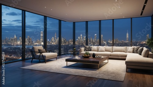 Modern Apartment Night View Cityscape Panoramic Window Living Room