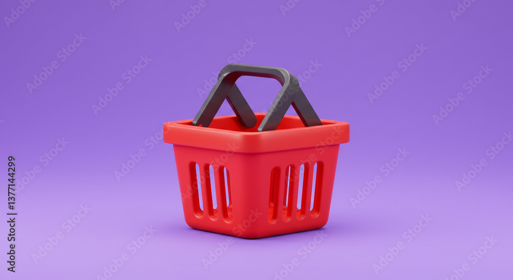 Fototapeta premium A vibrant red shopping basket, ready for your next purchase, sits invitingly against a soft purple background.