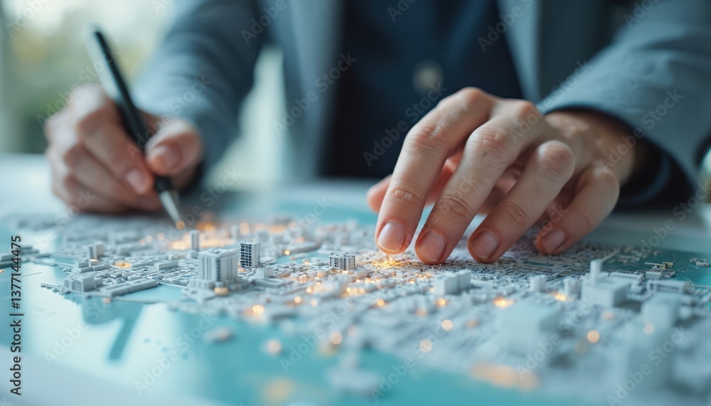 Architect hands working on detailed map of futuristic city with advanced urban planning. AI-generated image of digital city, with advanced tech, neon lights, glowing elements. Urban design, modern