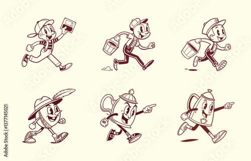 Vintage Animation Characters Sprinting in Playful Action, Retro Setting, Fun Illustrations, Cheerful Environment