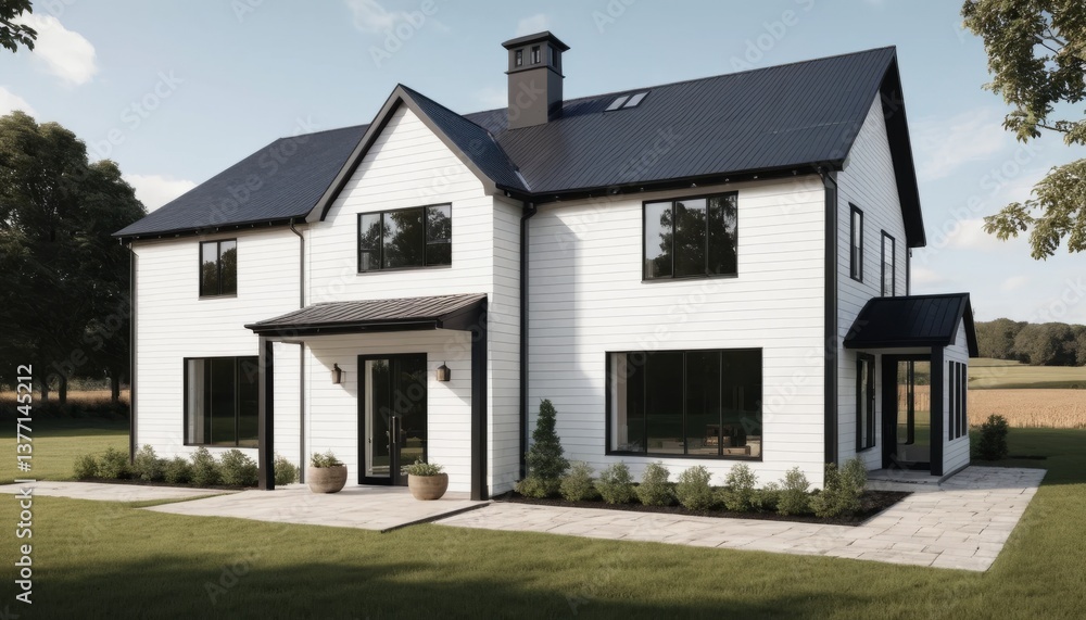 Modern Farmhouse Exterior Design with White Walls and Dark Accents Modern Farmhouse Exterior Design with White Walls and Dark Accents