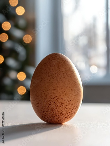 Single brown egg on table, Christmas lights & window background