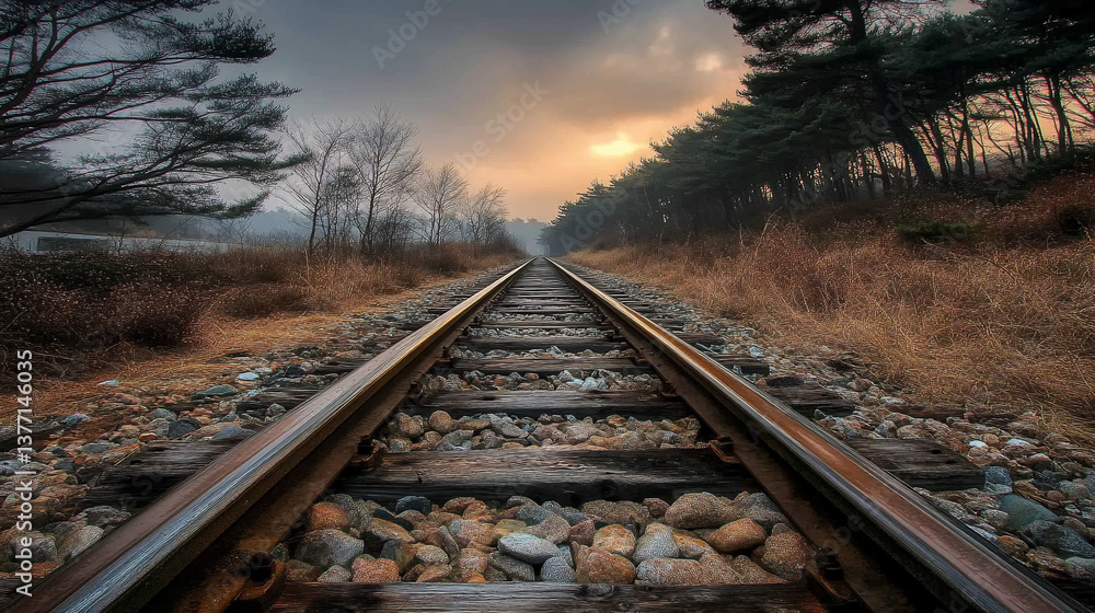 Fototapeta premium Scenic railroad tracks vanishing into a misty sunset.
