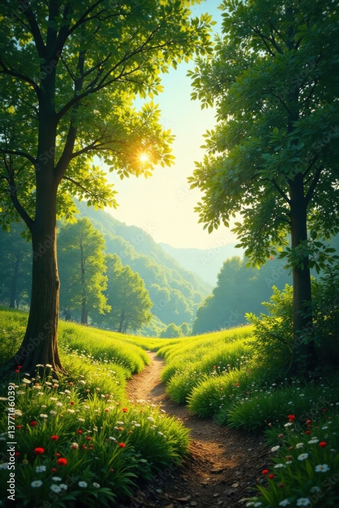 Fototapeta premium Panoramic landscape with sunlight filtering through trees , serene, peaceful