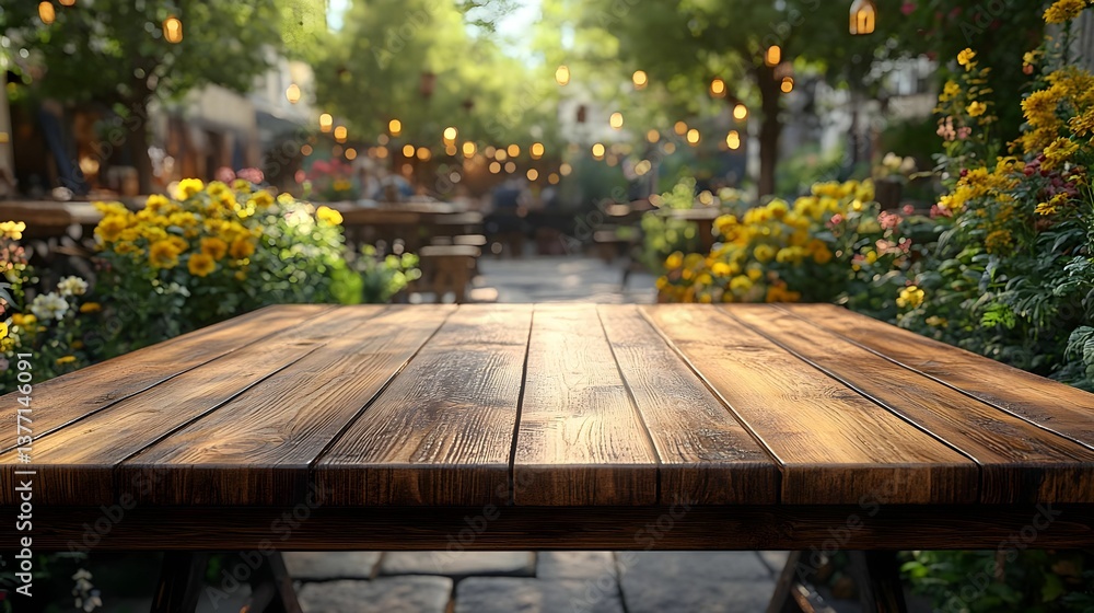Wooden Tabletop with Blurred Garden Background - Illustration Wooden Tabletop with Blurred Garden Background - Illustration