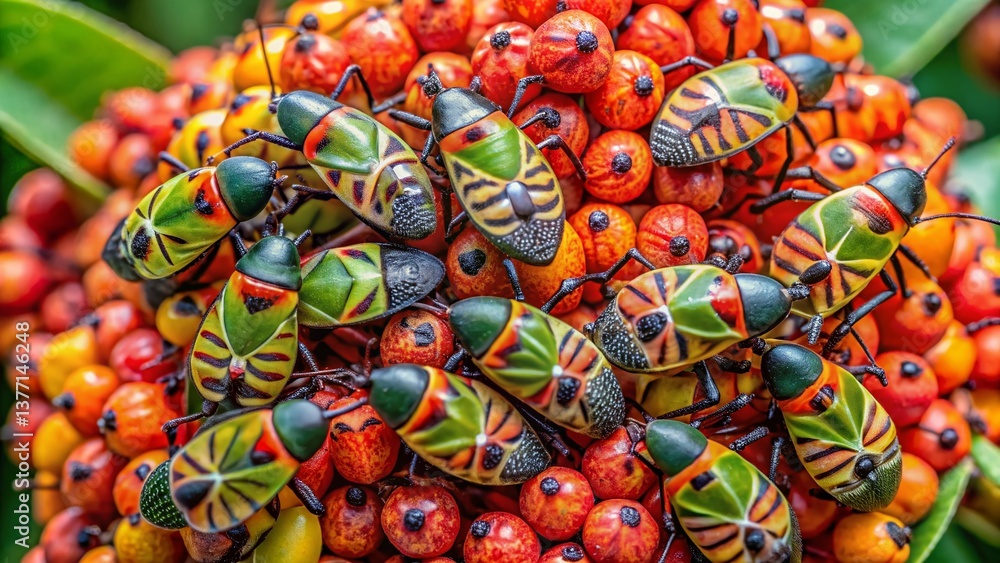Fototapeta premium Aerial View: Cotton Harlequin Bug Nymphs on Illawarra Flame Tree Seed Pods, Queensland, Australia