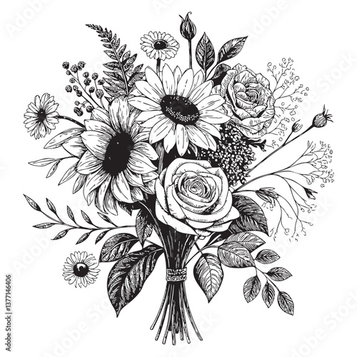 ouquet of sunflowers roses and daisies woodcut engraving vector illustration