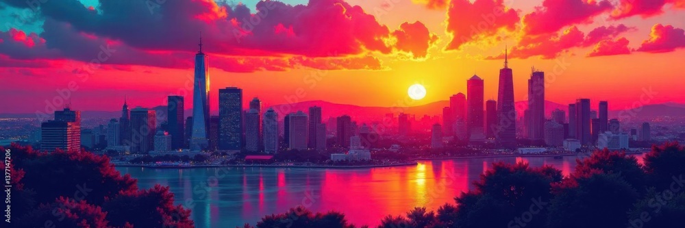 Pop art inspired image of a cityscape at sunset with abstract shapes and vibrant colors, pop art, sunset, vibrant hues Pop art inspired image of a cityscape at sunset with abstract shapes and vibrant colors, pop art, sunset, vibrant hues