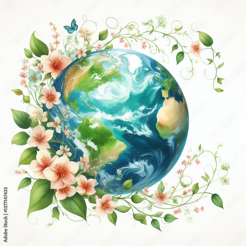 Elegant Earth Day card design: A beautifully detailed watercolor illustration of planet Earth half-covered with blooming flowers and delicate green vines, on a clean white background, space for text. Elegant Earth Day card design: A beautifully detailed watercolor illustration of planet Earth half-covered with blooming flowers and delicate green vines, on a clean white background, space for text.