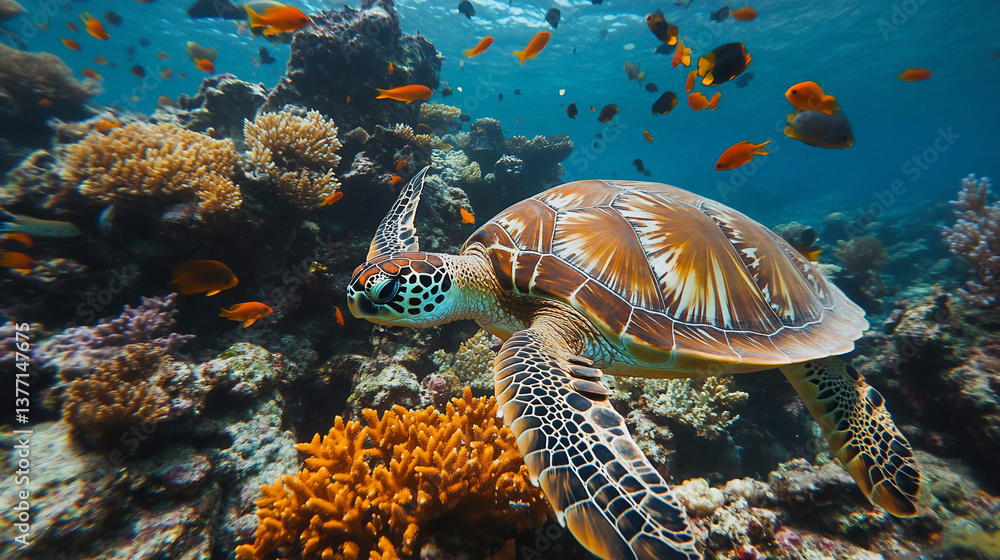 Obraz premium Sea turtle swimming amidst vibrant coral reef and colorful fish. (1)