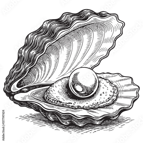 Pearl in Oyster woodcut engraving vector illustration