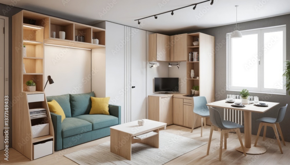 Fototapeta premium Modern Minimalist Studio Apartment Interior Design With Teal Sofa And Light