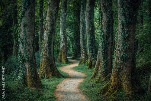 Fototapeta Naklejka Na Ścianę i Meble -  A peaceful forest scene with a narrow, winding path leading through tall, ancient trees, their trunks covered in moss and ivy.