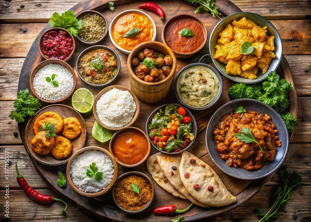 Aerial View: Rustic Indian Food Feast, Vibrant Spices, Festive Table Setting Aerial View: Rustic Indian Food Feast, Vibrant Spices, Festive Table Setting