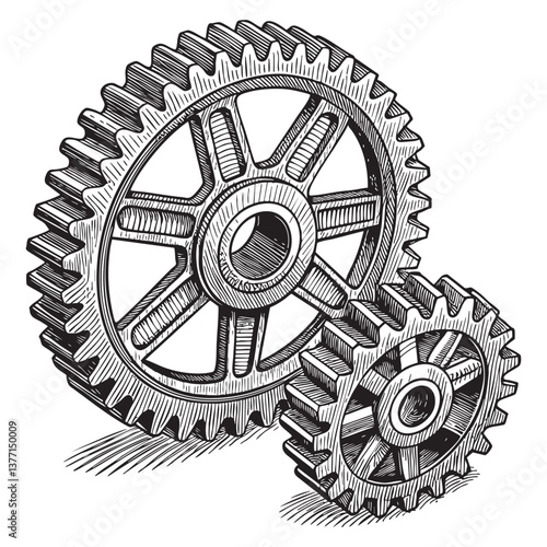 Double Gear Mechanical woodcut engraving vector illustration