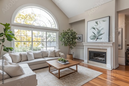 Spacious, light-filled living room with a fireplace and large window