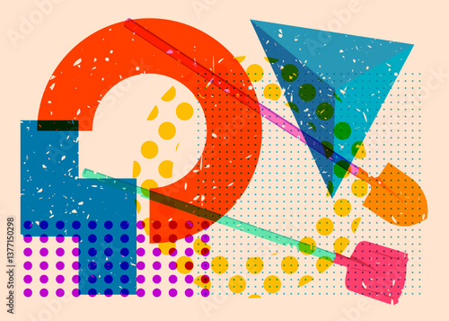 Risograph Spade, Shovel with geometric shapes. Objects in trendy riso graph print texture style design with geometry elements.