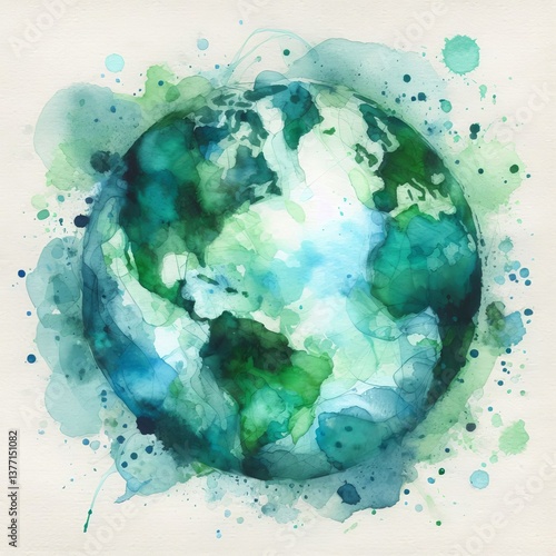 Watercolor Earth Day abstract splash: Soft washes of overlapping blue and green watercolor paint bleeding onto textured paper background, forming an impressionistic