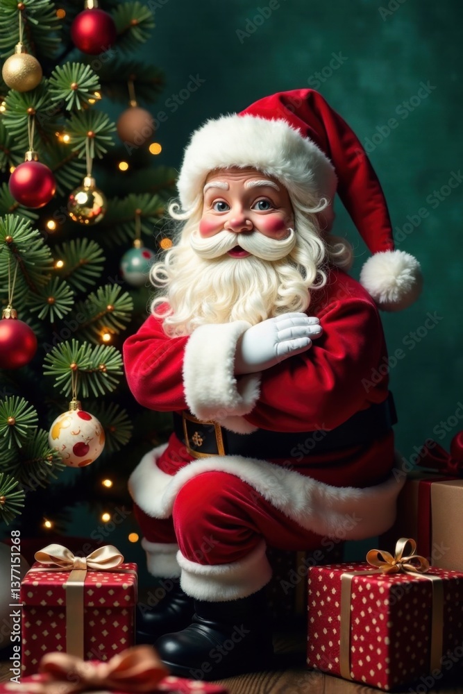Santa's smiling face surrounded by ornaments and gifts on the Christmas tree, Santa, Festive Santa's smiling face surrounded by ornaments and gifts on the Christmas tree, Santa, Festive