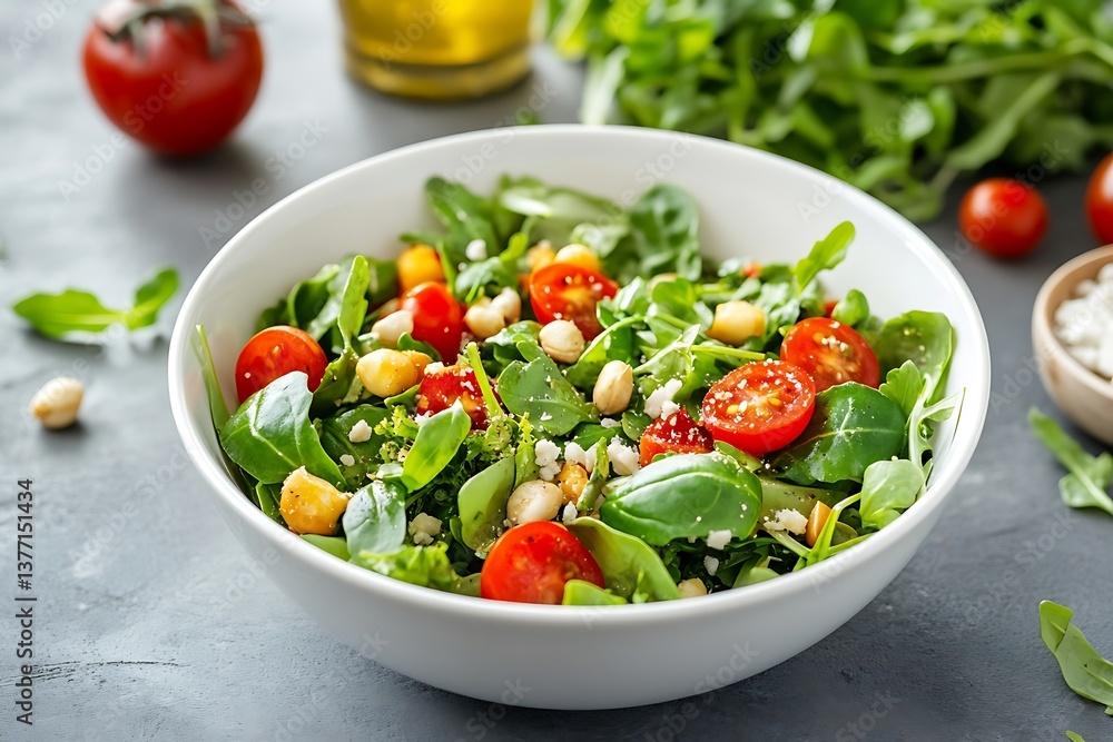 Fresh salad bowl with tomatoes, chickpeas, arugula and feta cheese for healthy eating Fresh salad bowl with tomatoes, chickpeas, arugula and feta cheese for healthy eating