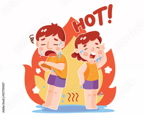 Hot Weather Male and female feeling hot and sweating illustration