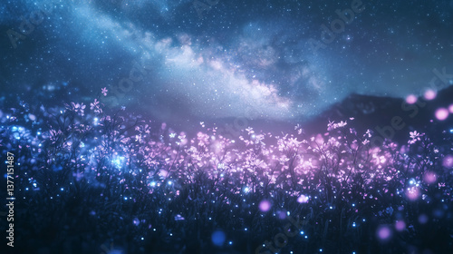 星降る夜の花畑 - 幻想的な光に包まれて