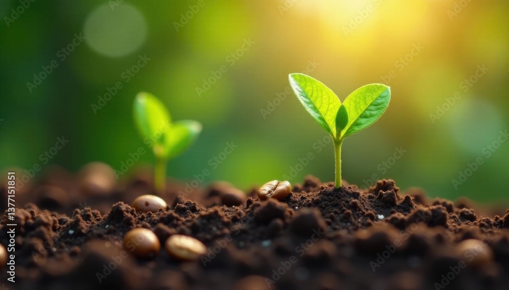 Fototapeta premium Seedlings emerging from coffee bean pods in a garden, nature, agriculture, foliage