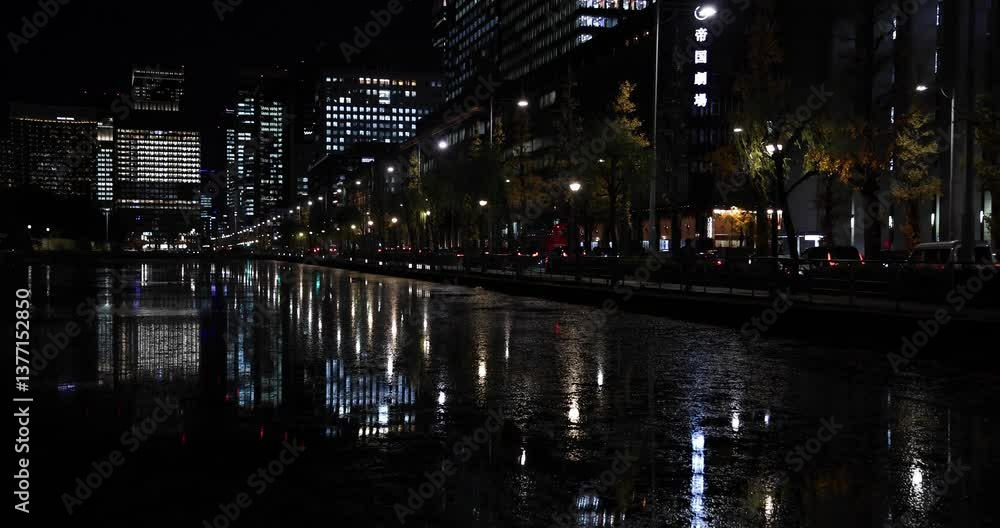 A night traffic jam at the gingko tree street in Tokyo A night traffic jam at the gingko tree street in Tokyo