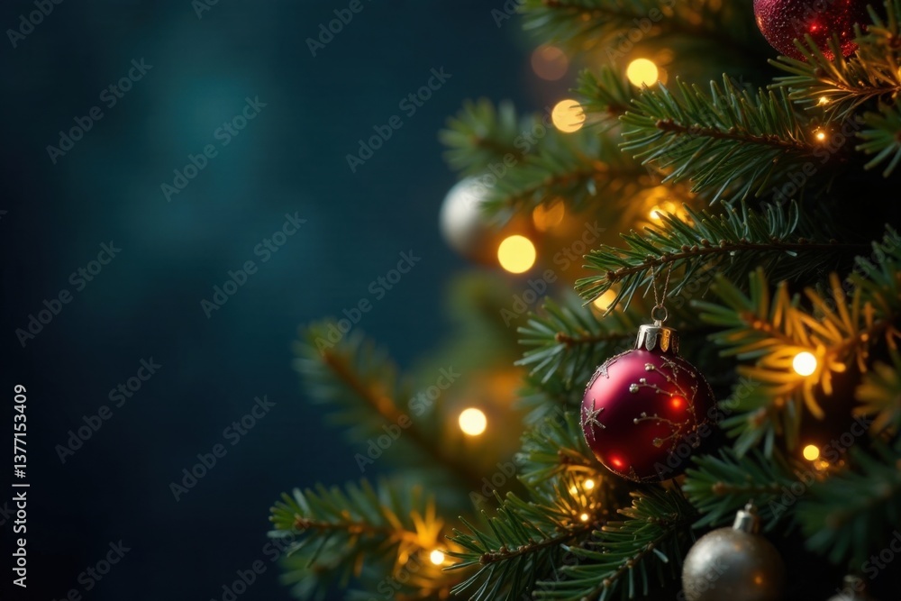 Shimmering lights adorn a beautifully decorated evergreen Christmas tree, festive, evergreen, winter magic Shimmering lights adorn a beautifully decorated evergreen Christmas tree, festive, evergreen, winter magic