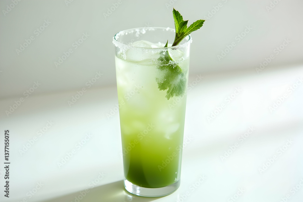 Refreshing Iced Matcha Tonic with Delicate Mint Garnish, A Minimalist Beverage Composition with a Sugared Rim for Summertime Refreshment and Elevated Visual Appeal Refreshing Iced Matcha Tonic with Delicate Mint Garnish, A Minimalist Beverage Composition with a Sugared Rim for Summertime Refreshment and Elevated Visual Appeal