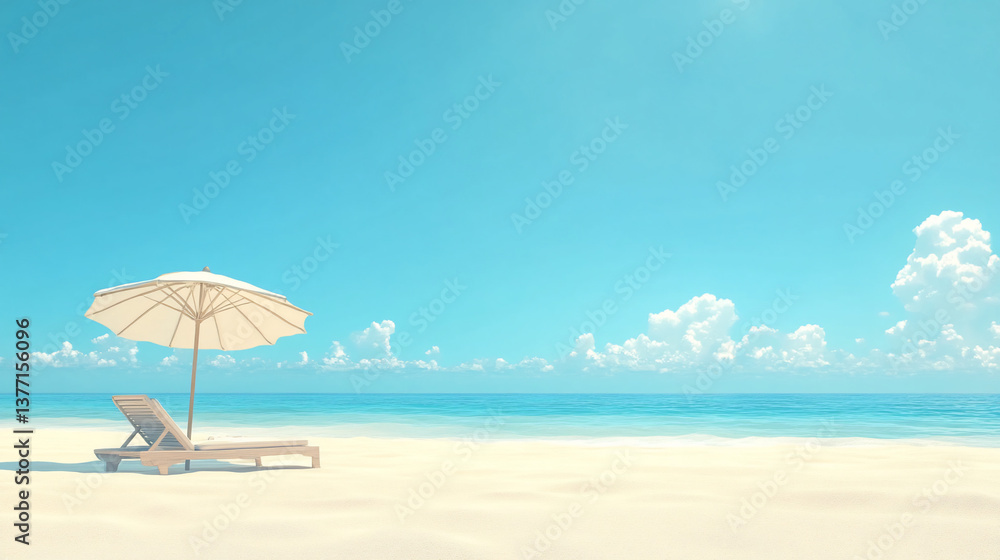 Serene beach scene with chaise lounge and parasol under sunny sky. Serene beach scene with chaise lounge and parasol under sunny sky.