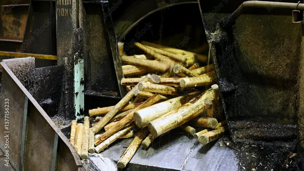 Wet peeled wooden logs fall out of debarking drum at plant Wet peeled wooden logs fall out of debarking drum at plant