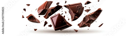 Floating chocolate pieces dynamic mid air effect scattered chunks photorealistic style isolated on white background. Chocolate swirls in air airborne chocolate delight sweetness in