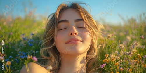 Fototapeta Naklejka Na Ścianę i Meble -  A woman is laying in a field of flowers, smiling and looking up at the sky