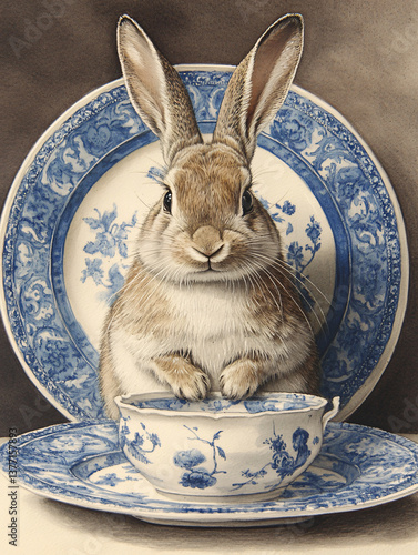 Rabbit porcelain cup plate flower blue white bunny animal ceramic table object cute pet watercolor background detail floral dishware illustration clipart vintage soft natural pottery decor fur easter