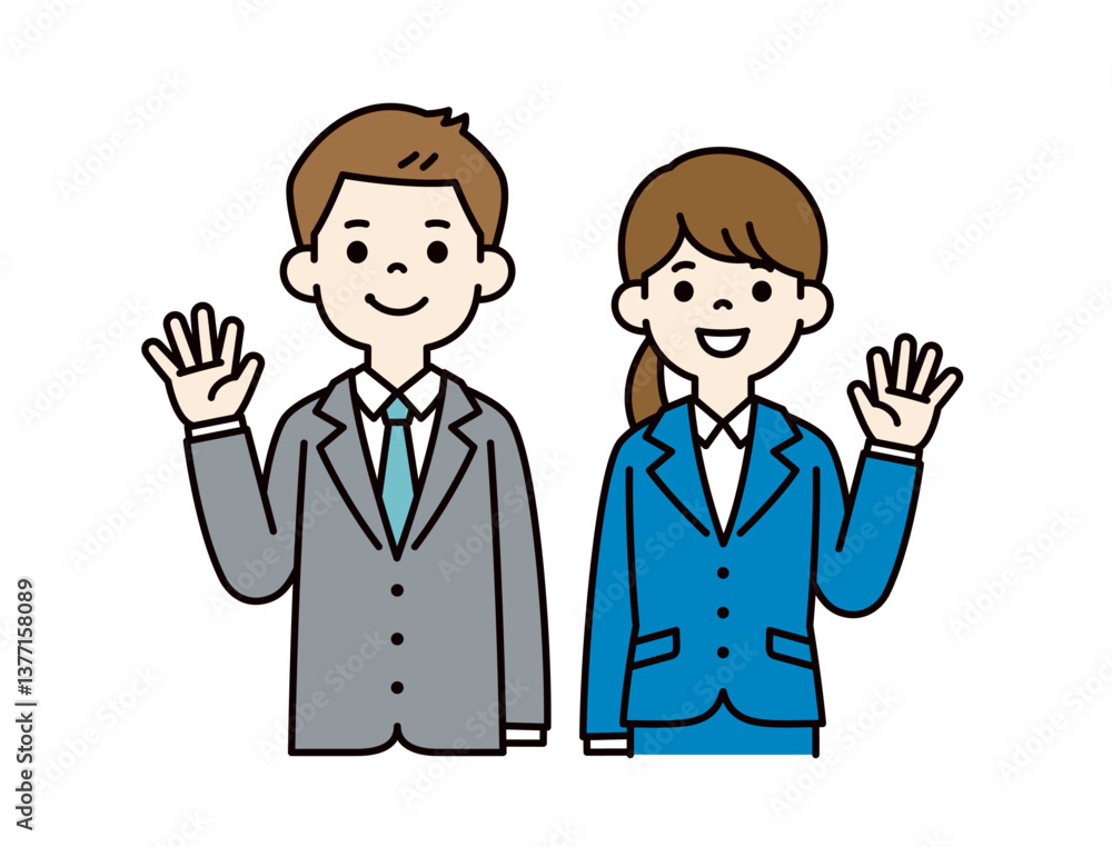 笑顔で手を振る、若い男女の会社員のベクターイラスト素材__線の編集可能_カラー 笑顔で手を振る、若い男女の会社員のベクターイラスト素材__線の編集可能_カラー