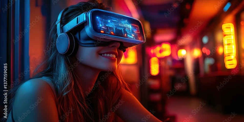 Fototapeta premium A woman is wearing a virtual reality headset and smiling