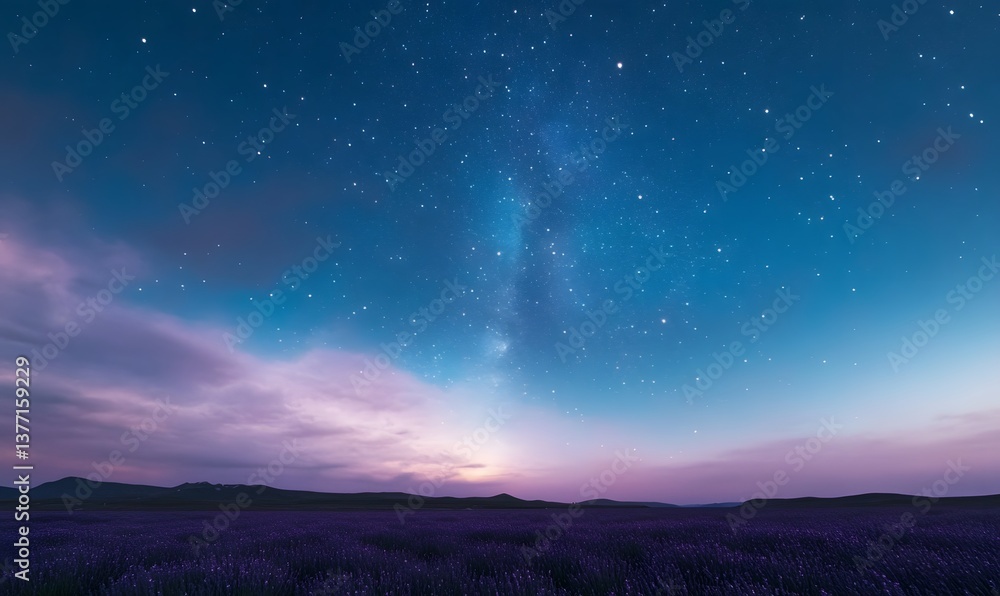 Fototapeta premium Lavender night field with starry sky, and northern lights, Generative AI