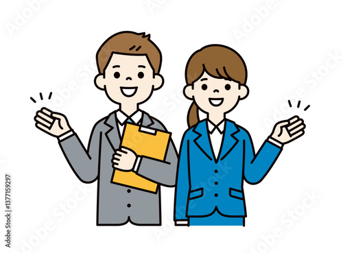 手を添えて案内する、若い男女の会社員のベクターイラスト素材＿＿線の編集可能＿カラー