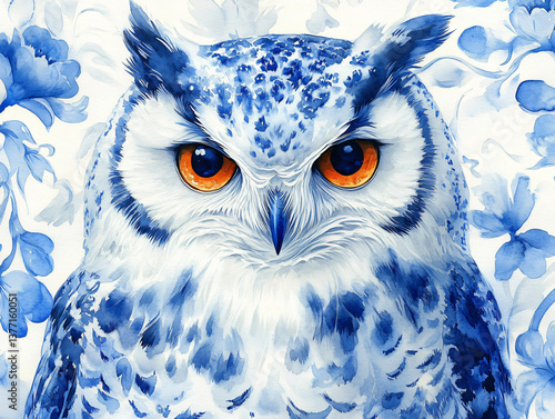 Owl bird flower porcelain branch blue white animal feather eye nature background detail forest watercolor illustration clipart pet soft elegant wild art floral painting natural vintage design card