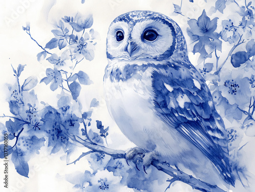 Owl bird flower porcelain branch blue white animal feather eye nature background detail forest watercolor illustration clipart pet soft elegant wild art floral painting natural vintage design card